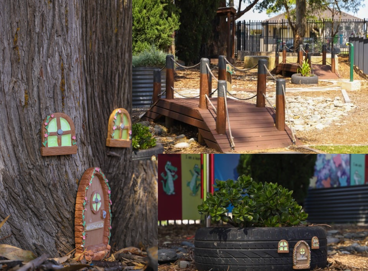 Outdoor learning space and fairy houses.